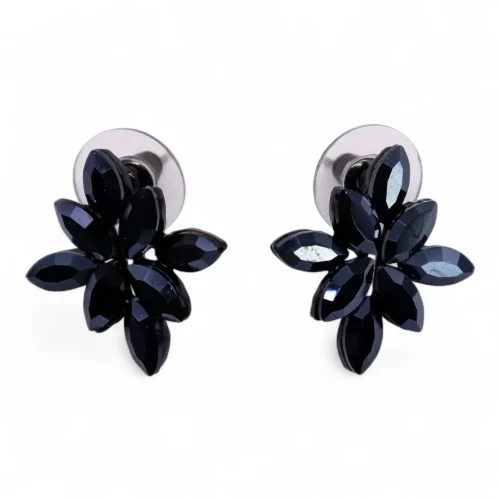 Schwarze Vintage Glas Ohrringe - Ohrstecker Blumen - Edelstahl poliert