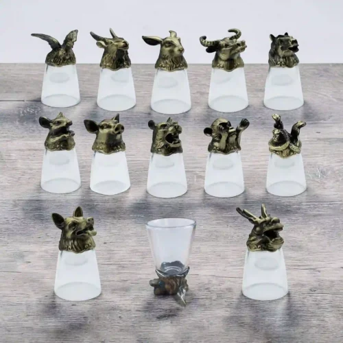Set 12 Shot- & Schnapsgläser 25ml - Sockel Tierkreiszeichen – Antikbronze